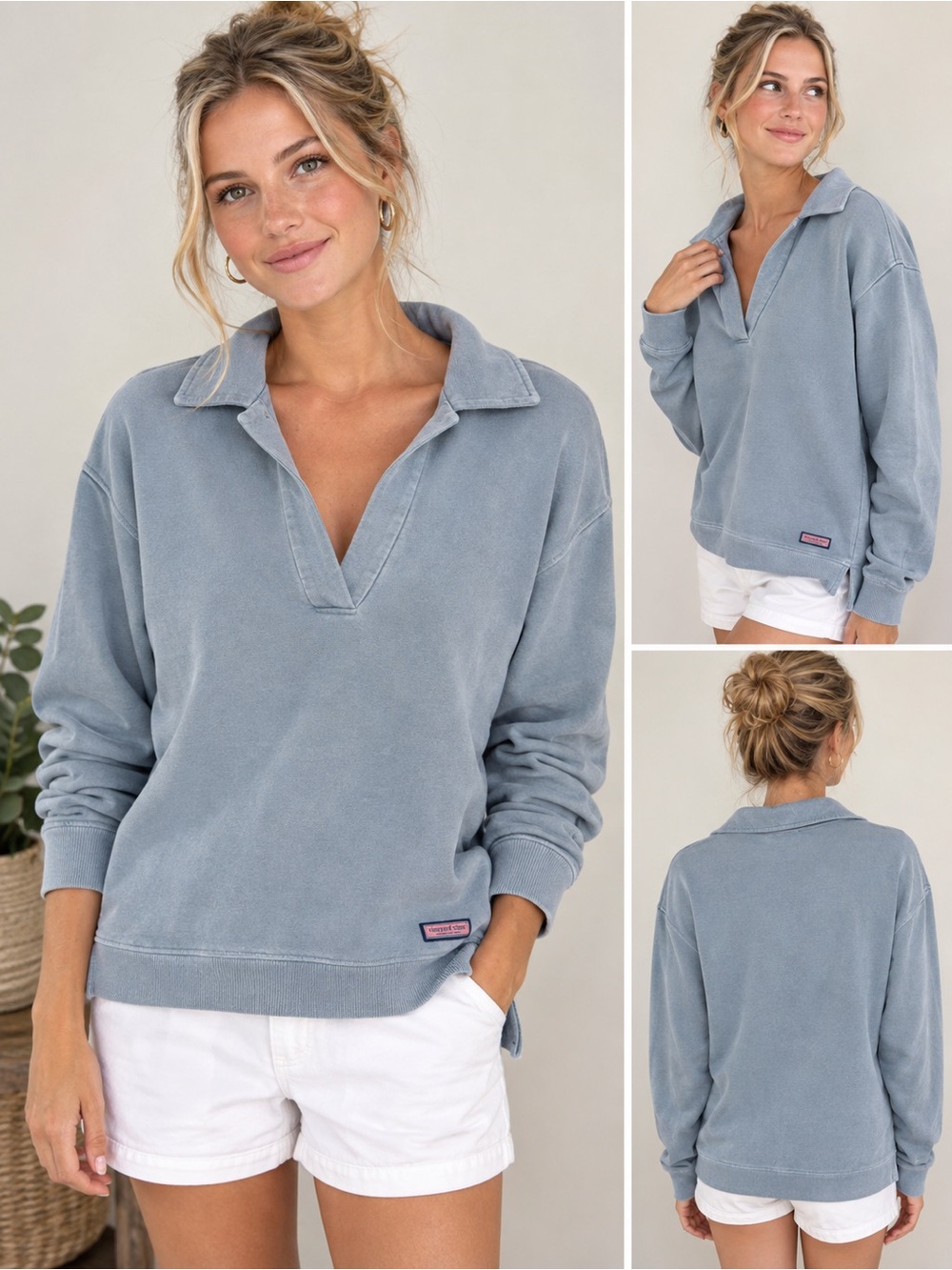 Vineyard Vines Classic Cam V Neck Pullover Sweatshirt Blue Gray Women’s M